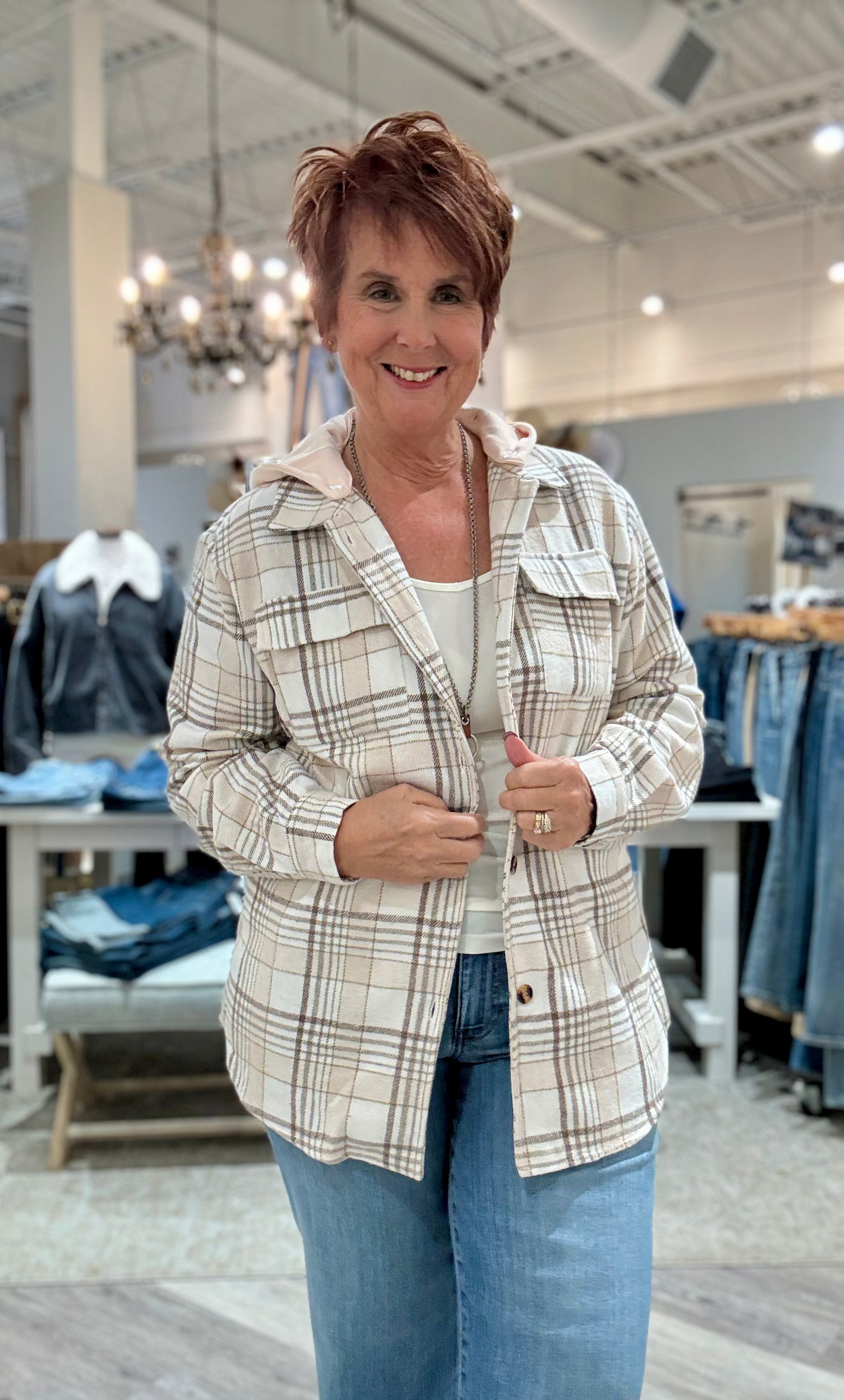 Khaki Plaid Buttoned Shacket with Removable Hood