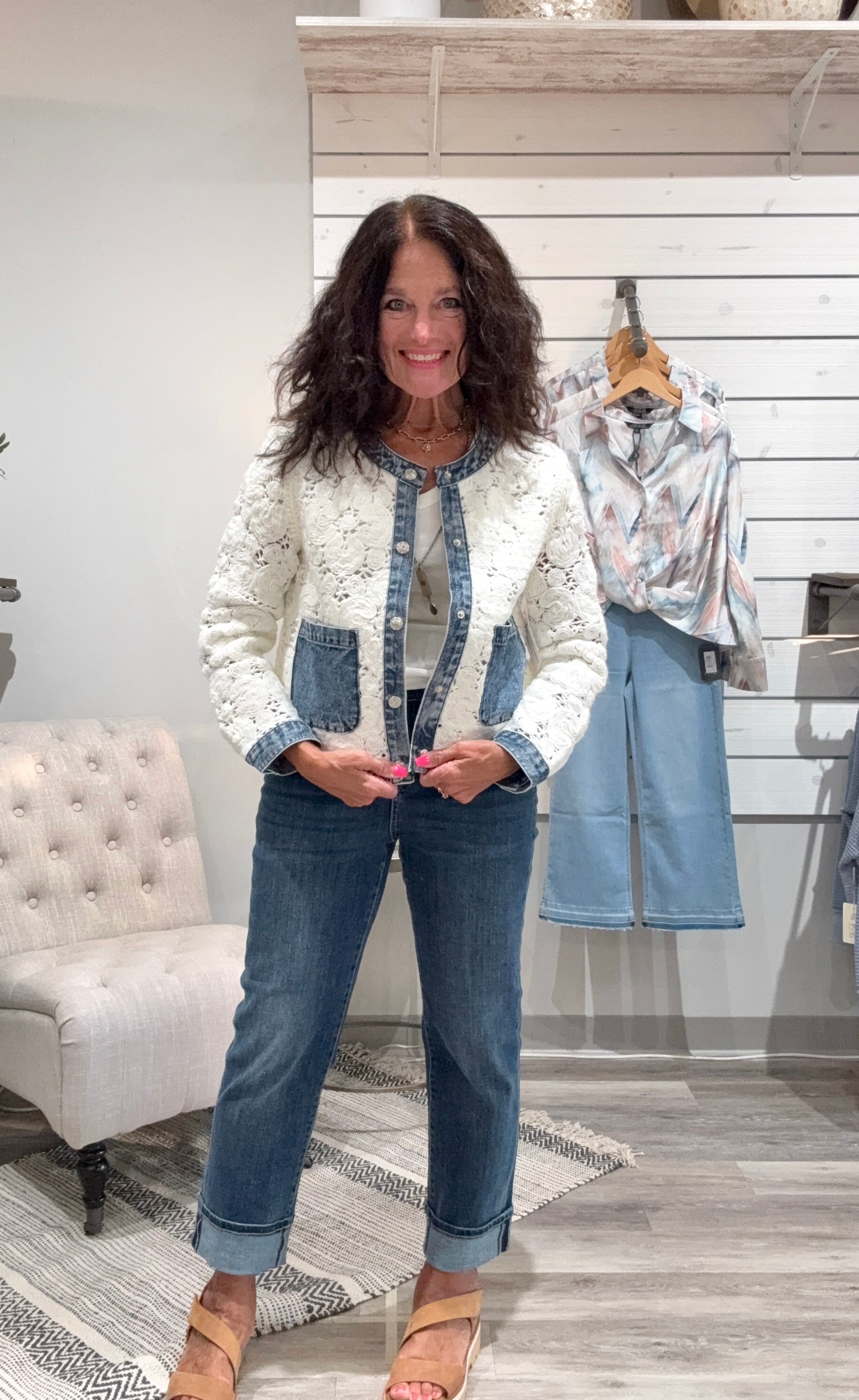 MIX MEDIA CROCHET JACKET WITH DENIM INSERTS