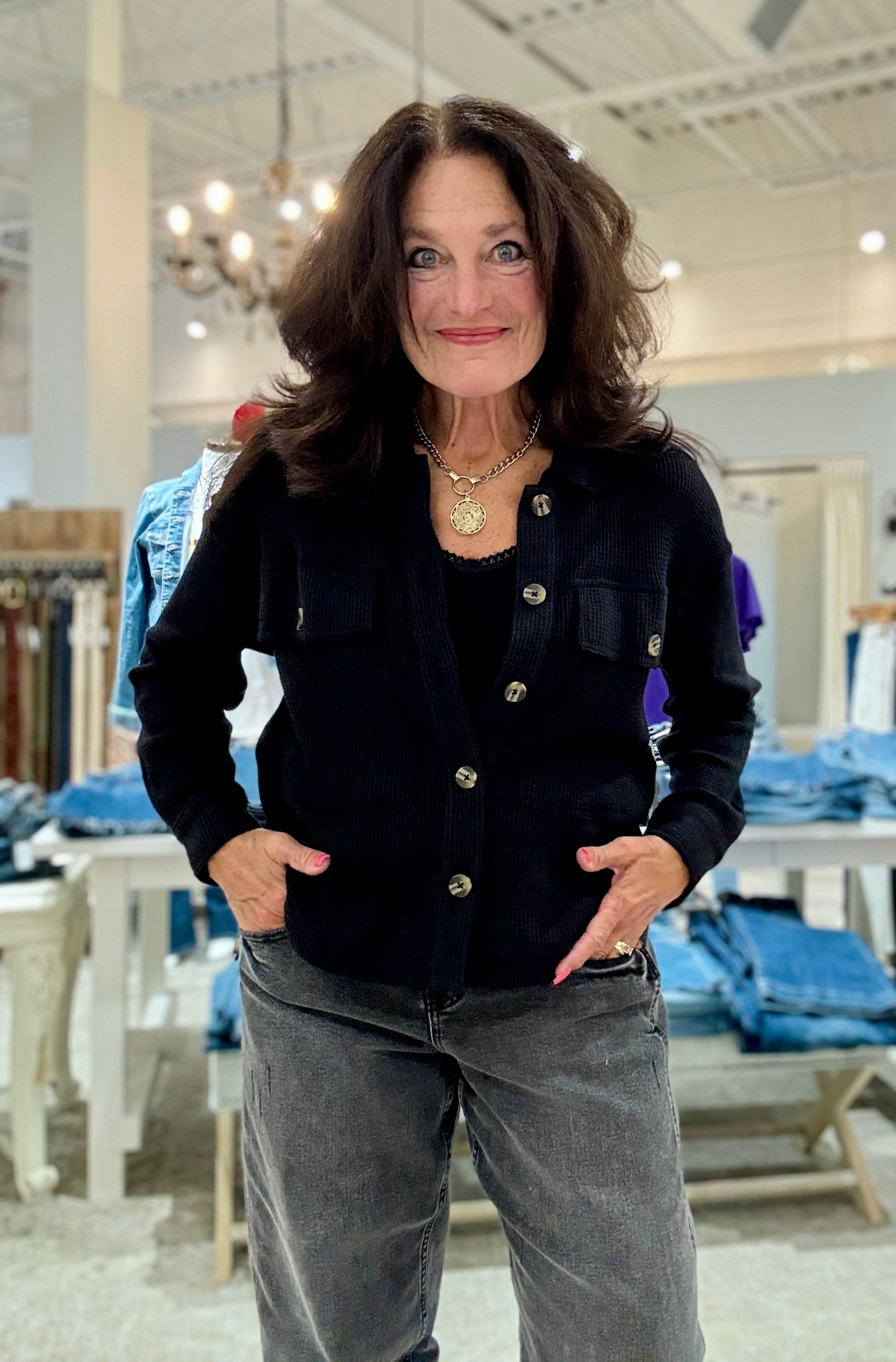 Crop Knit Shacket with Patch Pockets- black