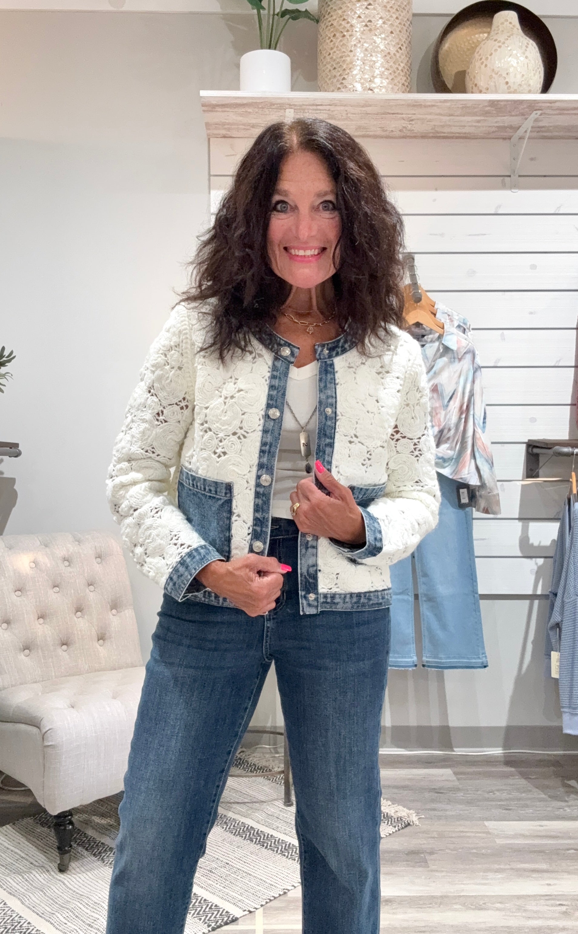 MIX MEDIA CROCHET JACKET WITH DENIM INSERTS