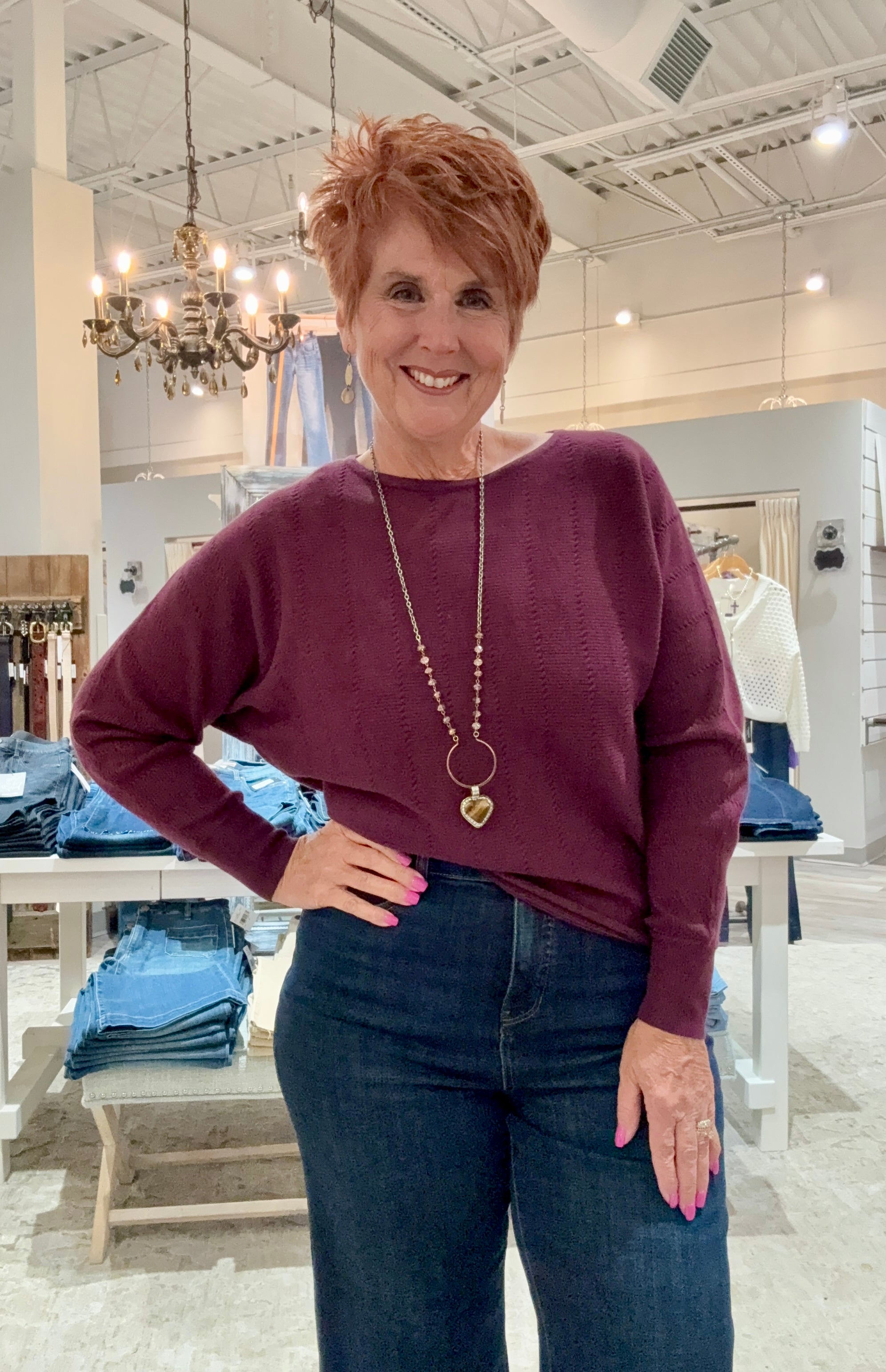 Vertically Textured Boat Neck Sweater- plum