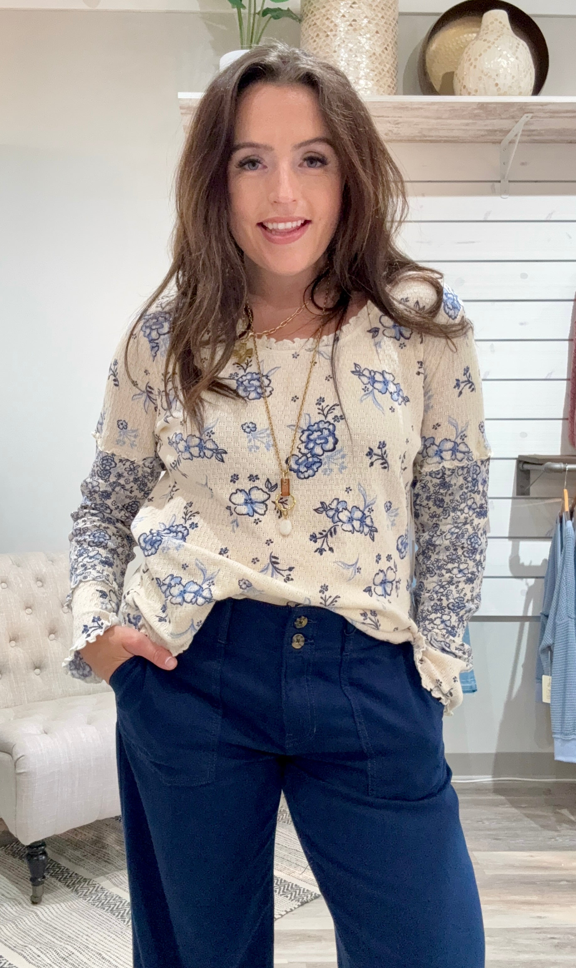 Long Sleeve Scoop Neck Top with Frill