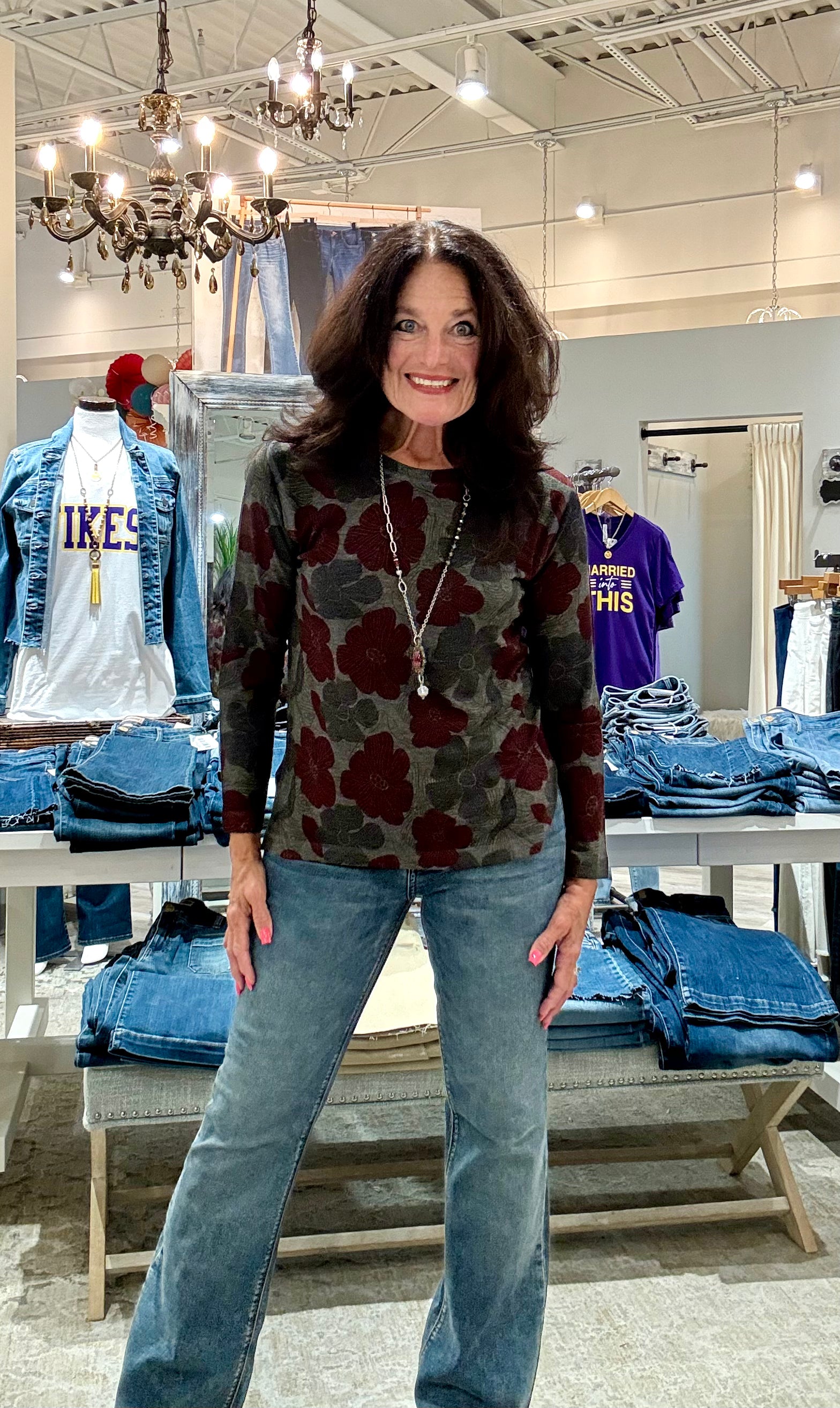 Printed Floral Long Sleeve Crew Neck Top