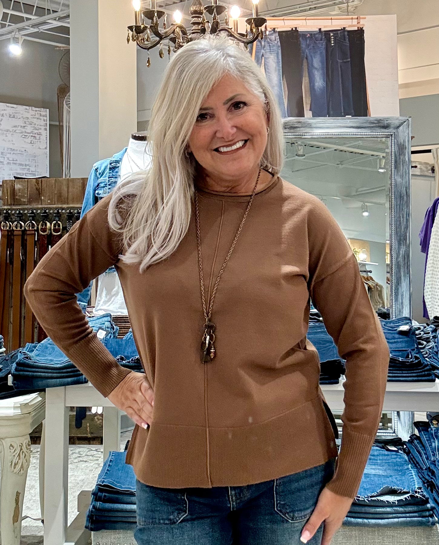 Oversized Pullover with Roll Edge Neck Trim- wood