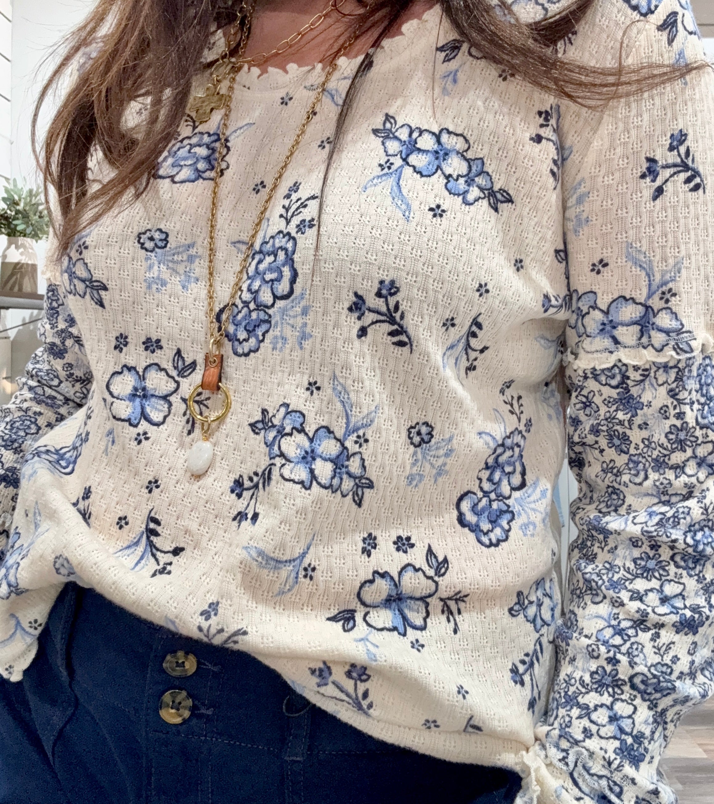 Long Sleeve Scoop Neck Top with Frill- Slate Blue