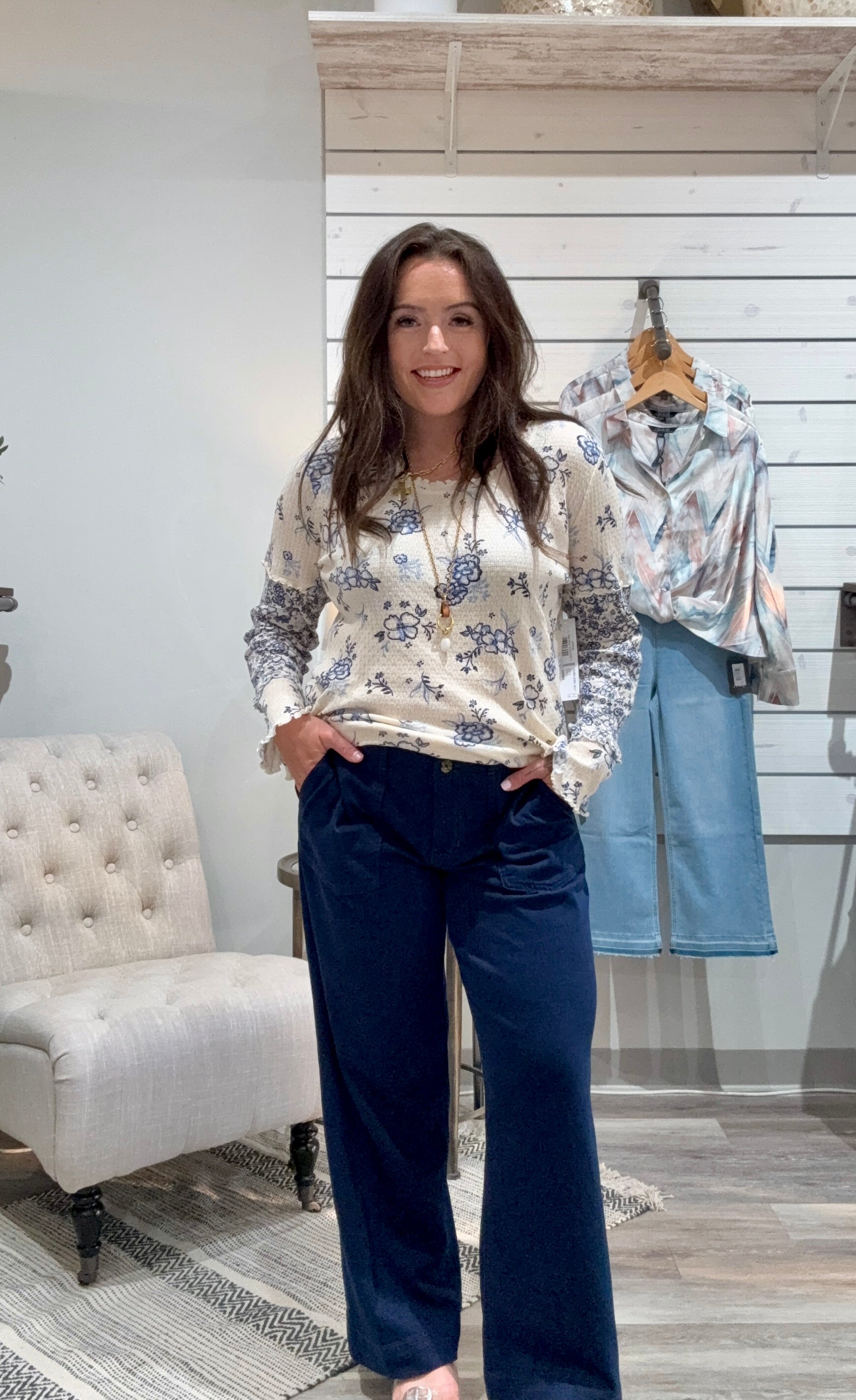 Long Sleeve Scoop Neck Top with Frill- Slate Blue