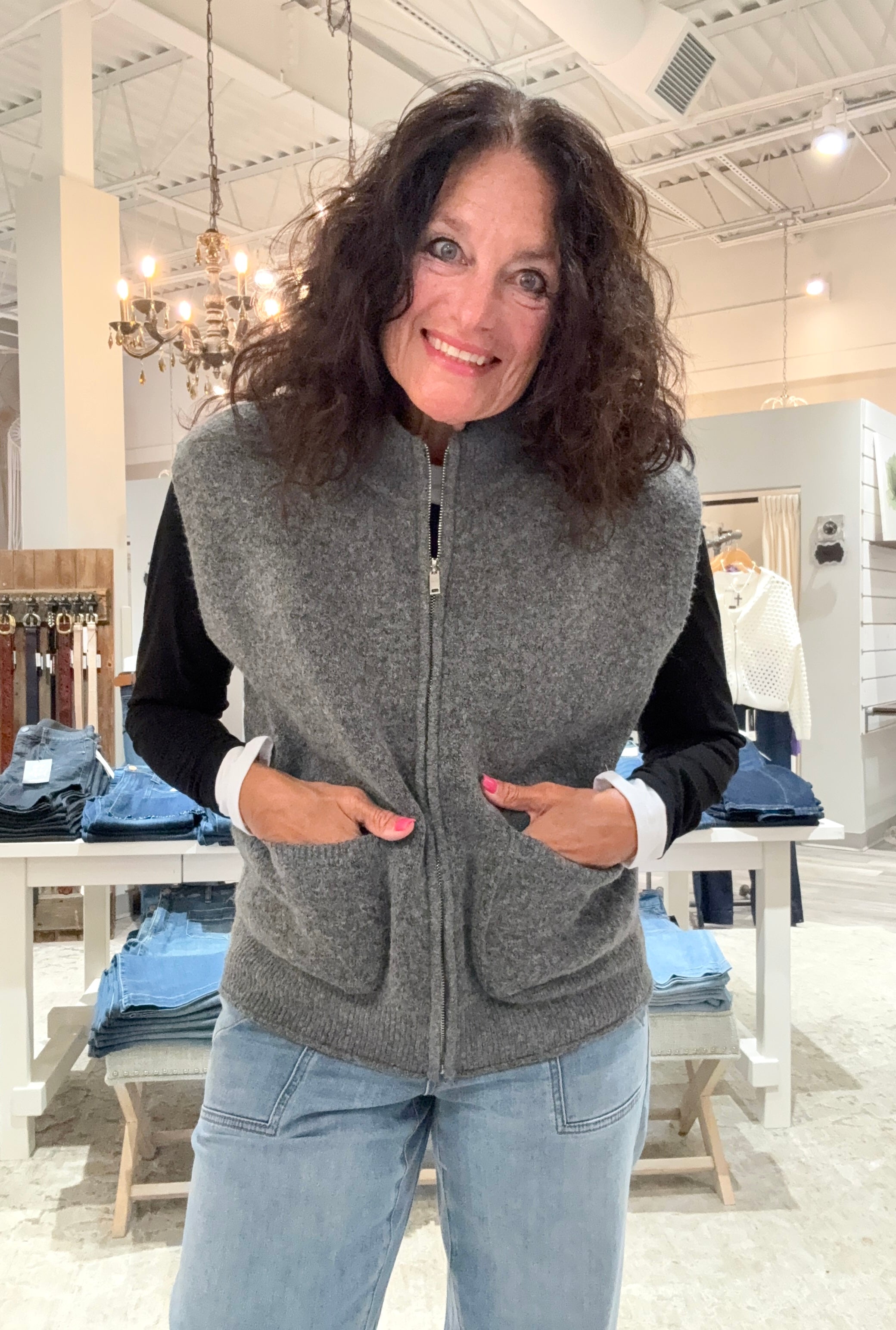 Zip Up Sweater Vest With Patch Pockets