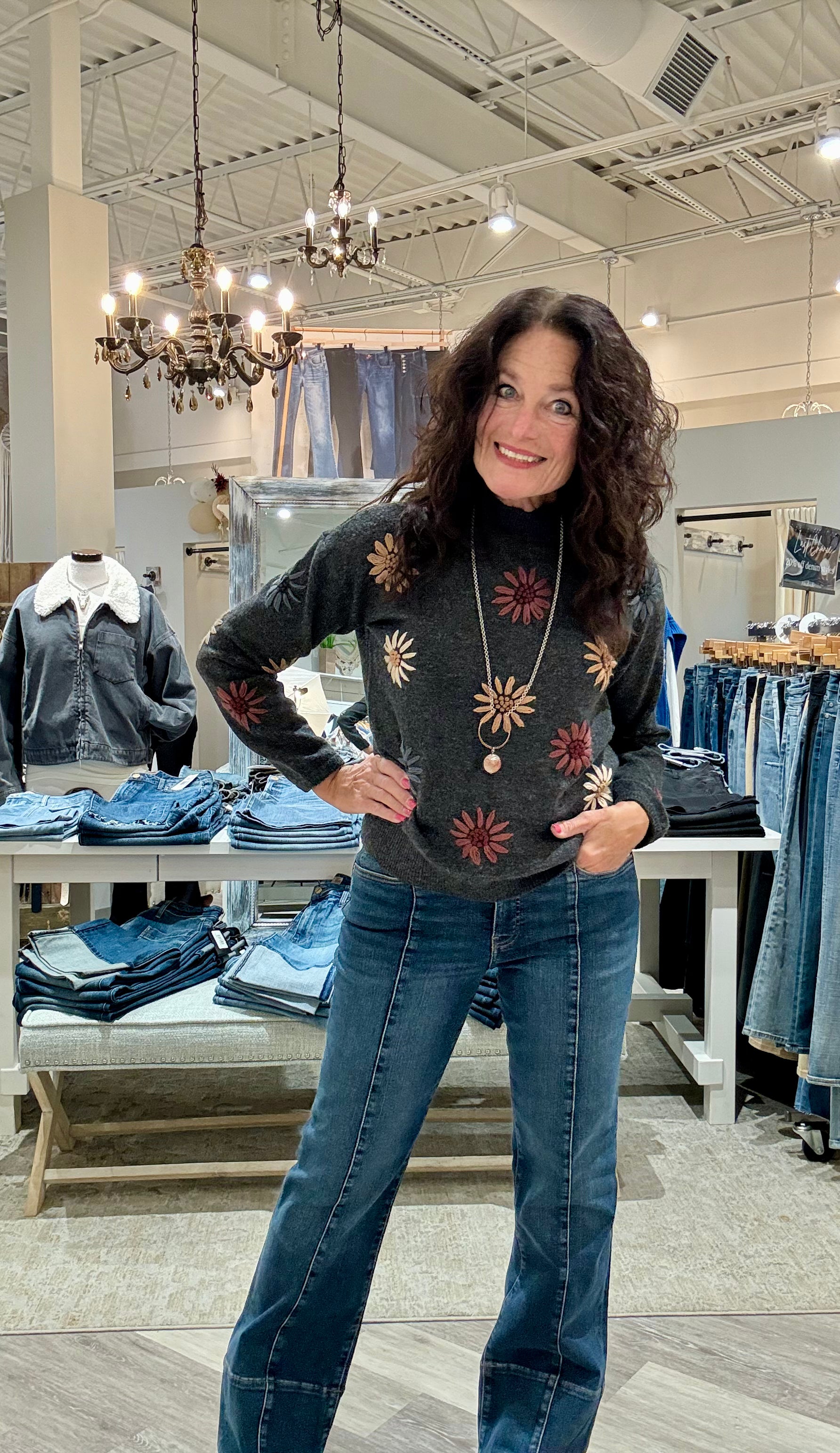 Mock Neck Sweater With Floral Embroidery