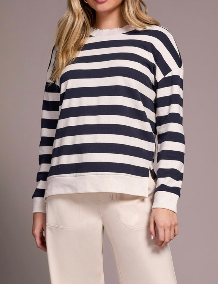Long Sleeve Crew Neck Top with Rib Detail