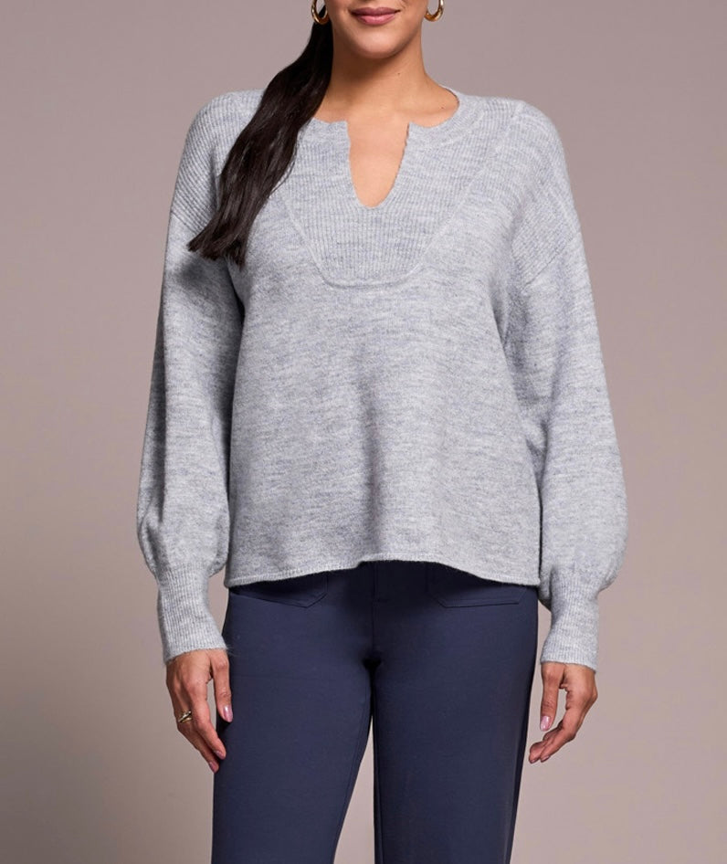 Long Sleeve Notch Neckline Sweater- grey