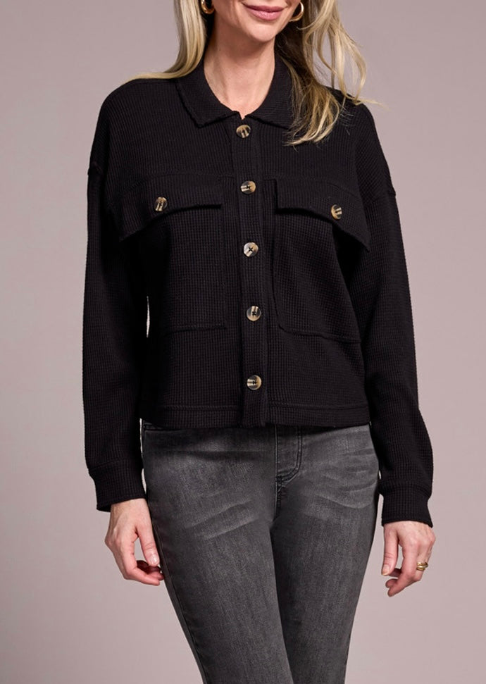 Crop Knit Shacket with Patch Pockets- black