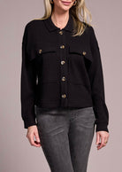 Crop Knit Shacket with Patch Pockets- black