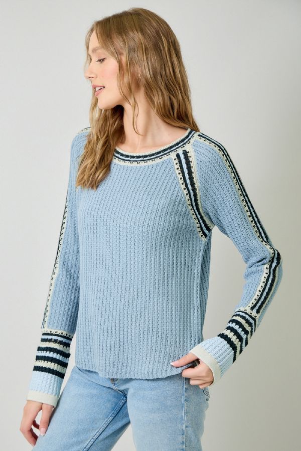 Raglan and Sleeve Trim Detail Sweater-blue