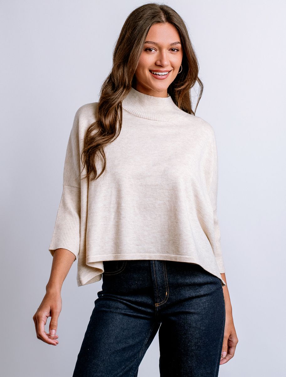 Boxy Mock Neck 3/4 Sleeve Top with Rib Hem- ecru