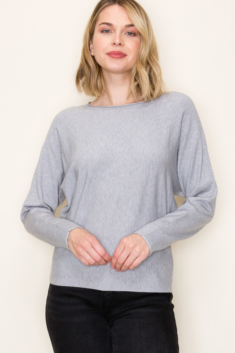 Vertically Textured Boat Neck Sweater-grey