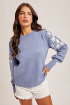 Crew Neck Sweater with Floral Embroidery Detail