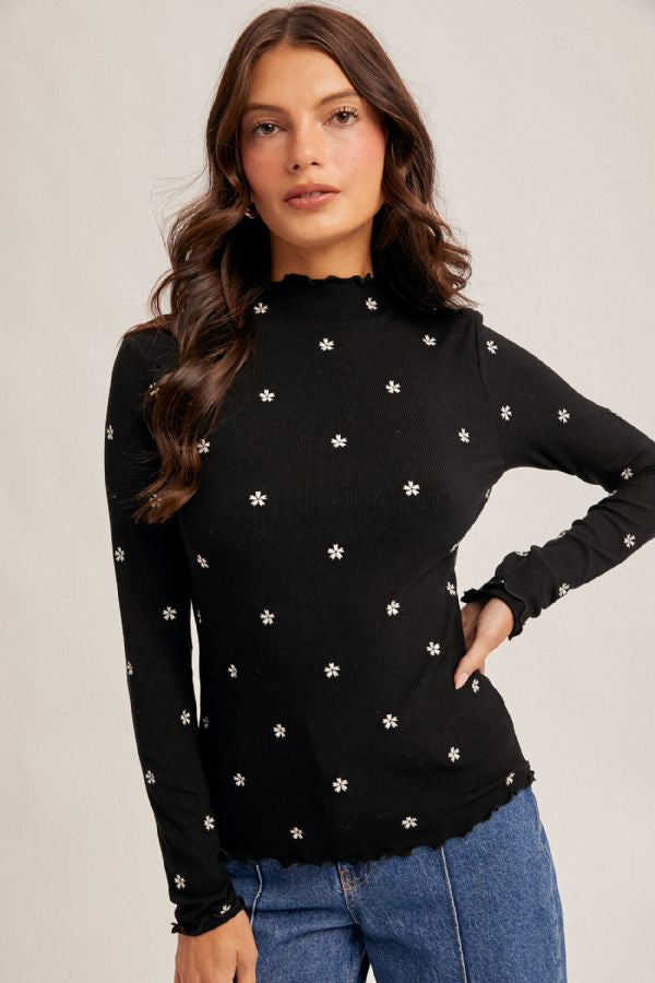 Long Sleeve Dainty Floral Top with Ruffle Neck