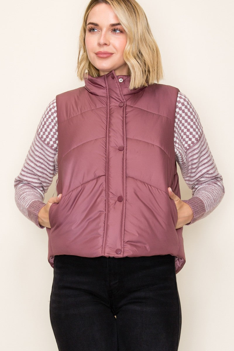 Polar Collar Hidden Snap Zip Up Puffer Vest- masala
