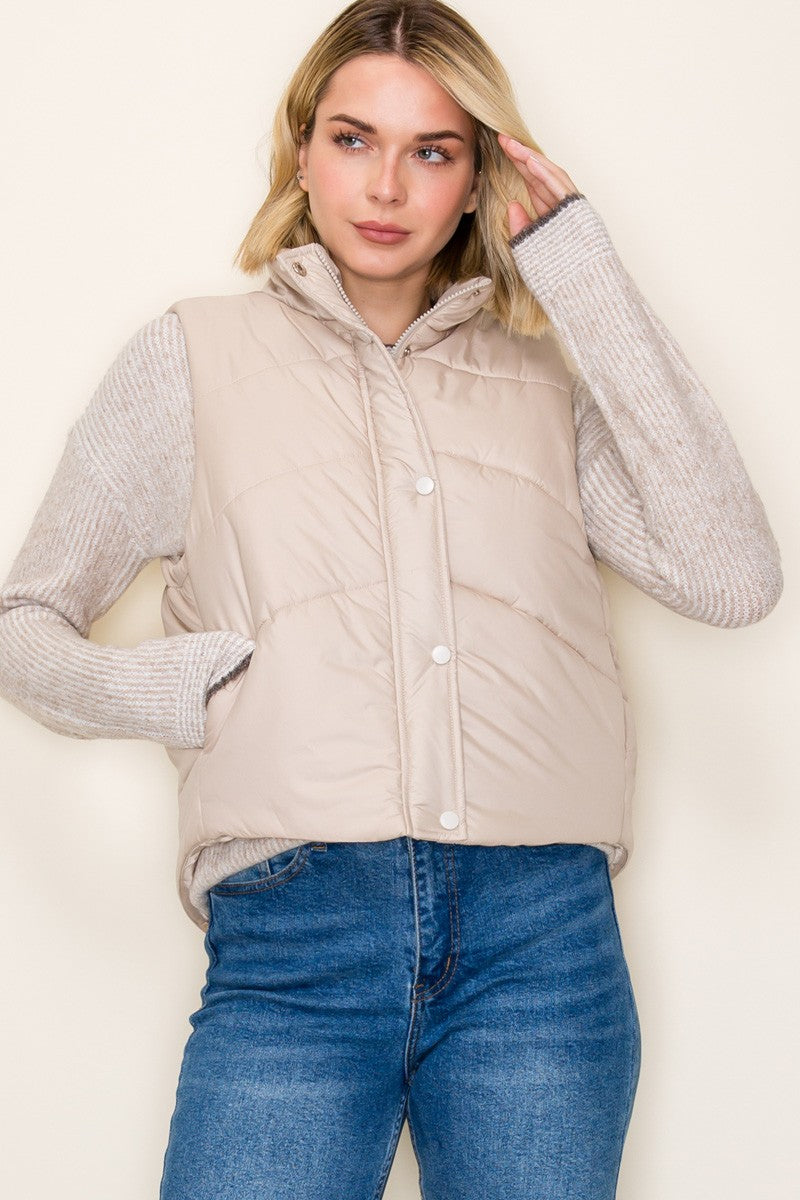Polar Collar Hidden Snap Zip Up Puffer Vest- beige
