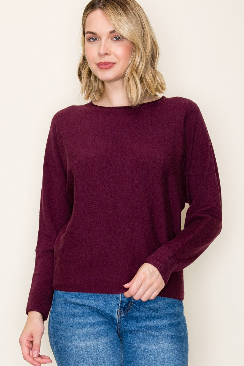 Vertically Textured Boat Neck Sweater-plum