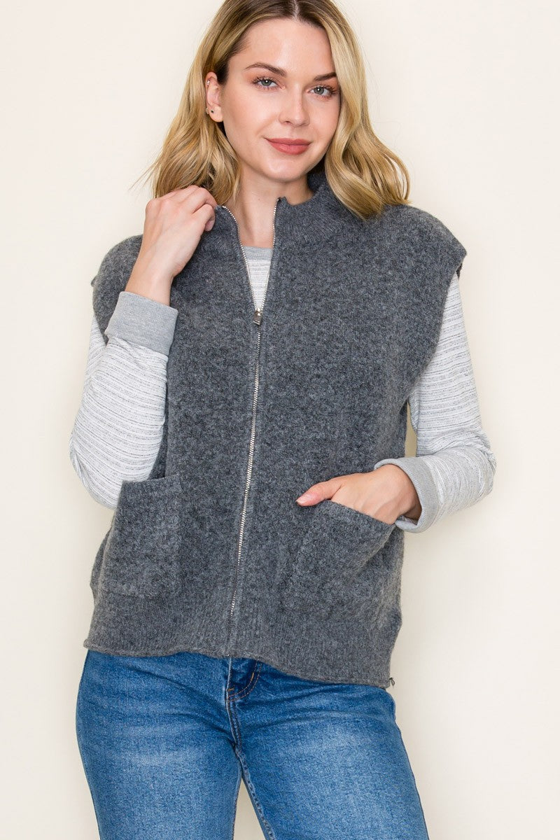 Zip Up Sweater Vest With Patch Pockets