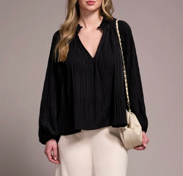 Long Sleeve Blouse with Ruffle Collar- black
