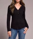 Long Sleeve Henley Top with Buttons- black