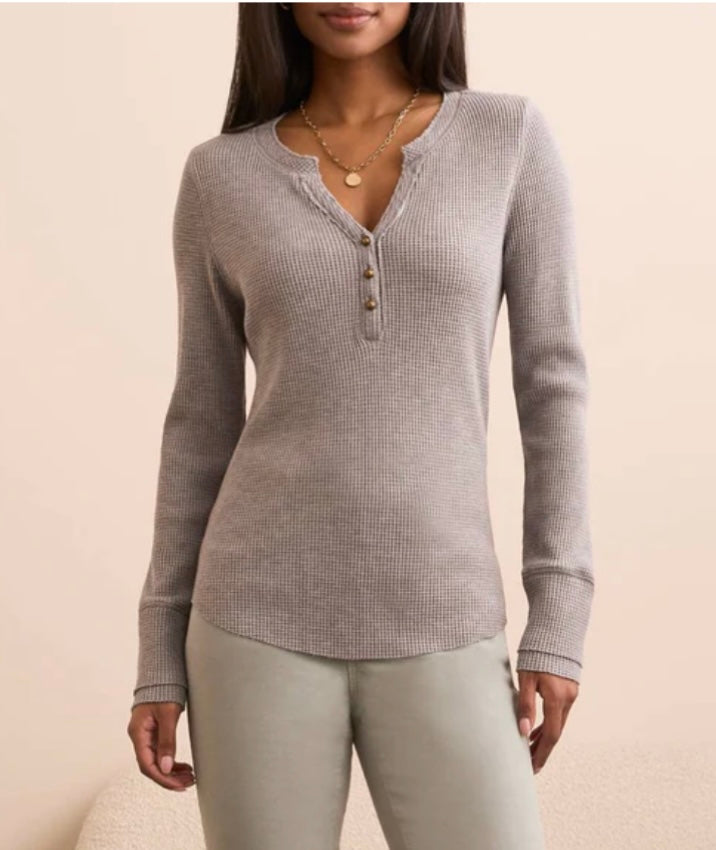 Long Sleeve Henley Top with Buttons- grey