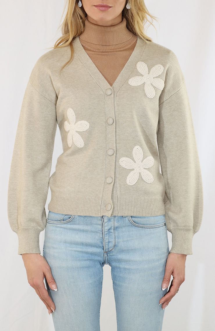 Long Sleeve V-Neck Cardigan with Floral Embroidery