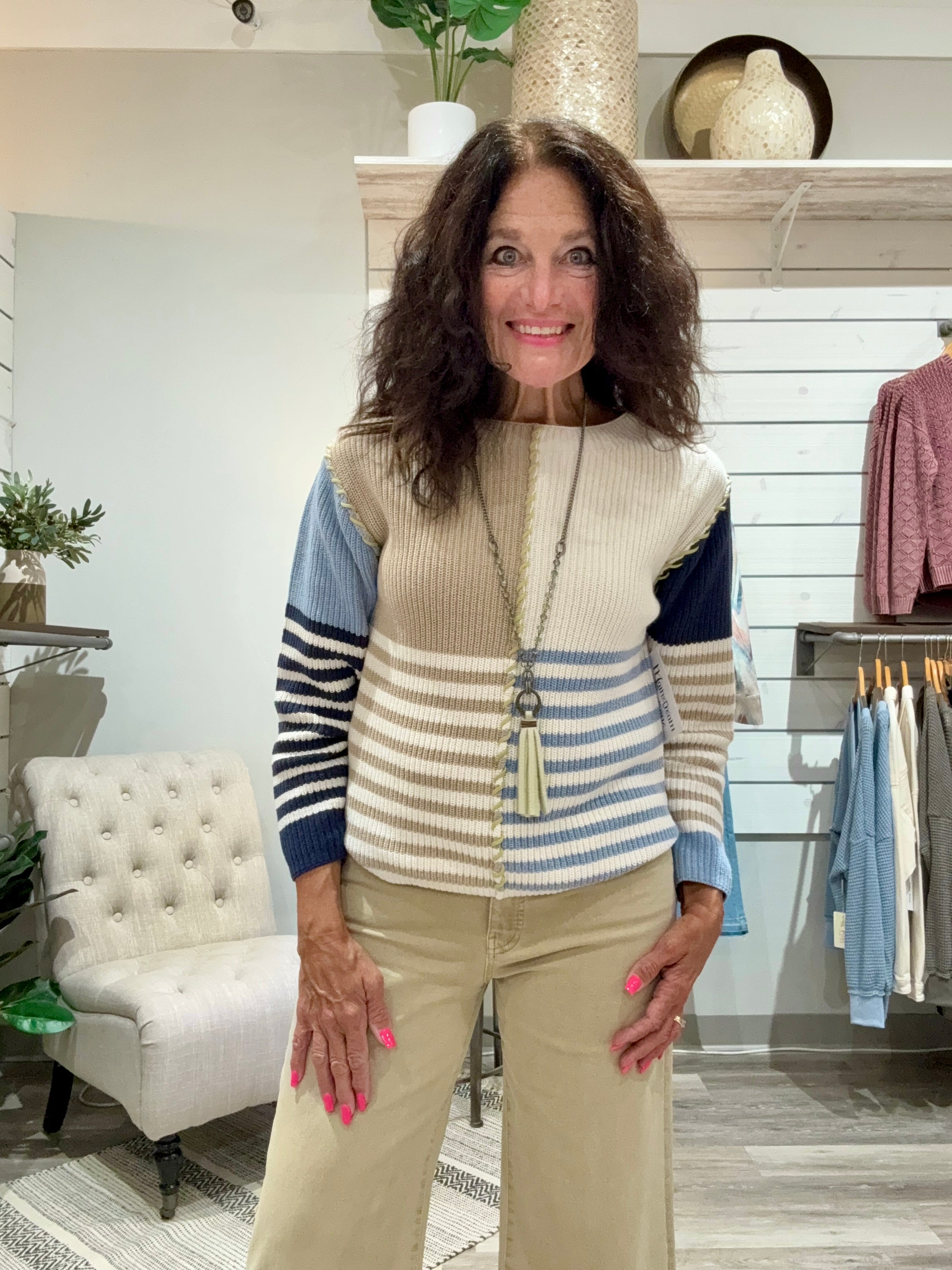 MULTI STRIPE TEXTURED BOAT NECK SWEATER