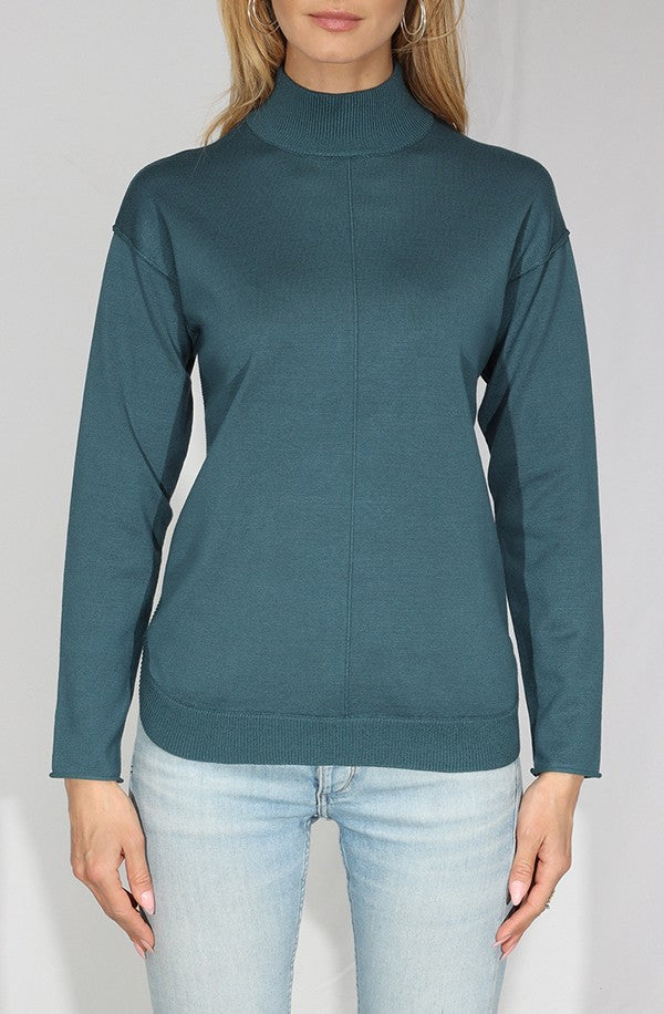 Mock Neck Long Sleeve Pullover with Stitch Detail- atlantic deep