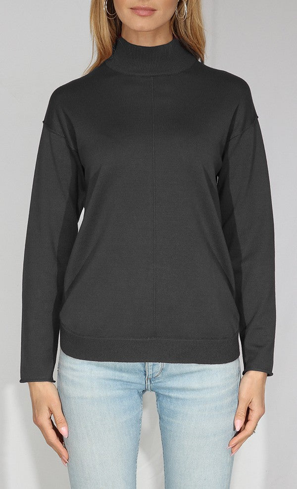 Mock Neck Long Sleeve Pullover with Stitch Detail- black