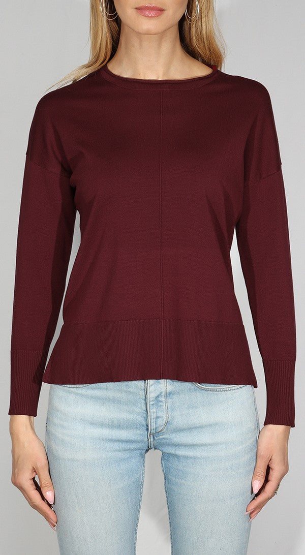 Oversized Pullover with Roll Edge Neck Trim- cherry