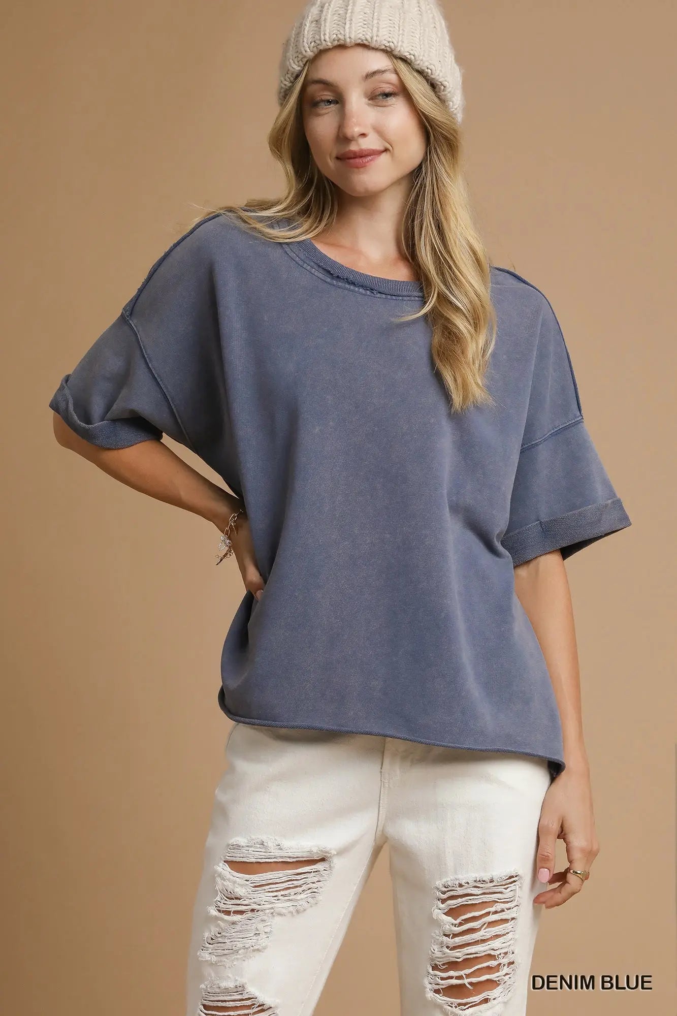 Boxy Mineral Washed Round Neck Top