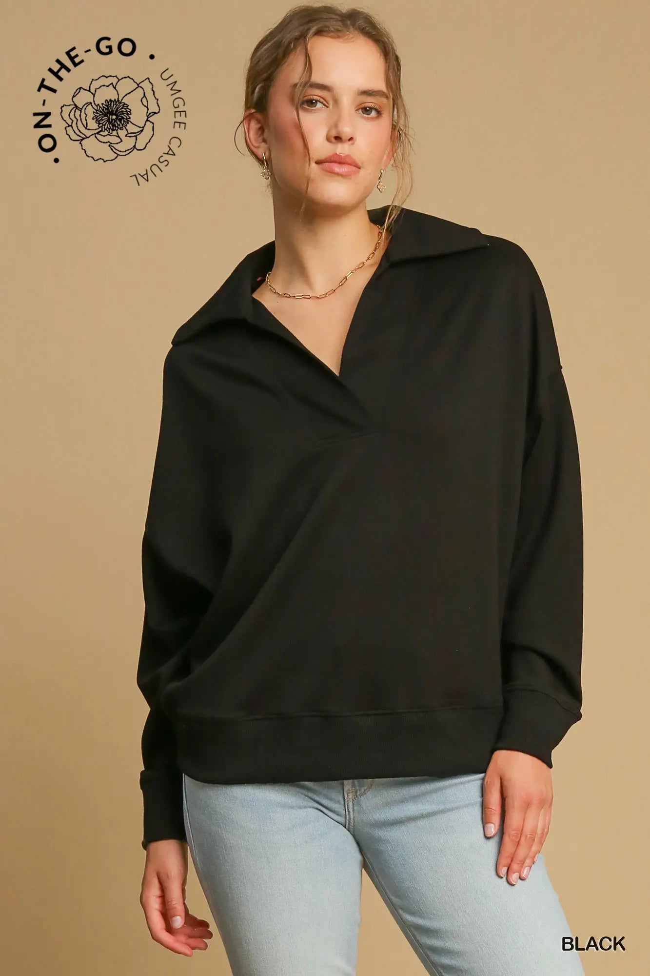 Luxeknit Chic Ease Collared Pullover- black