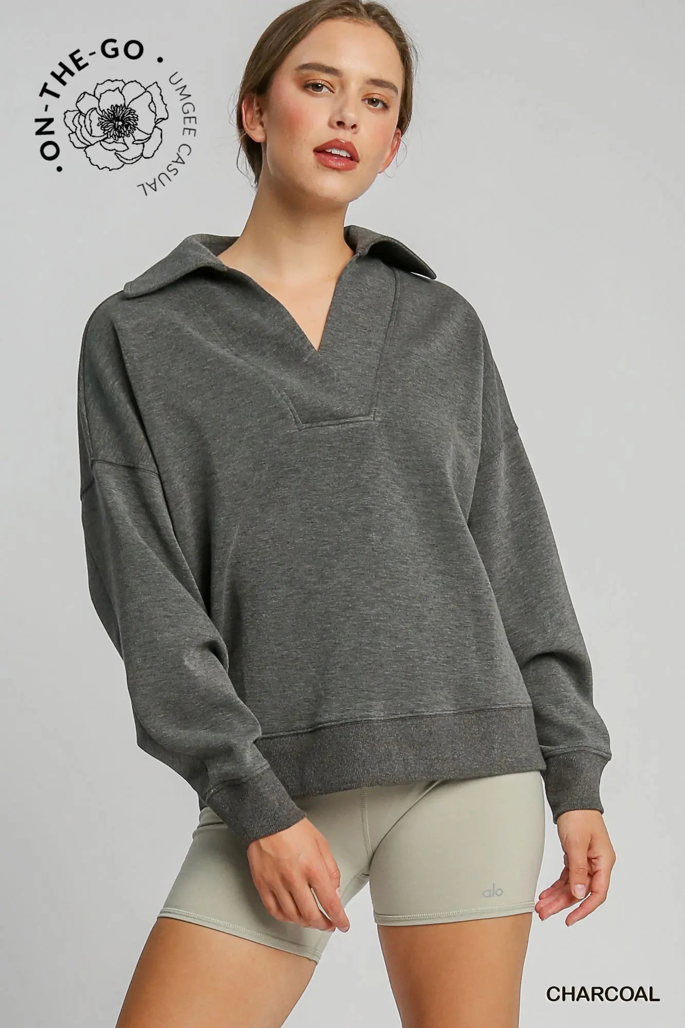 Luxeknit Chic Ease Collared Pullover- charcoal