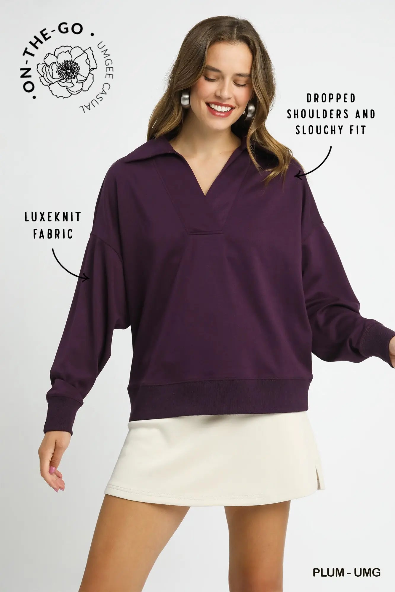 Luxeknit Chic Ease Collared Pullover- plum