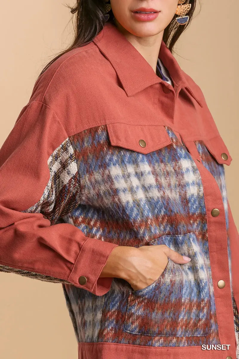 Print Sherpa Detail Button Up Jacket with Chest Pockets