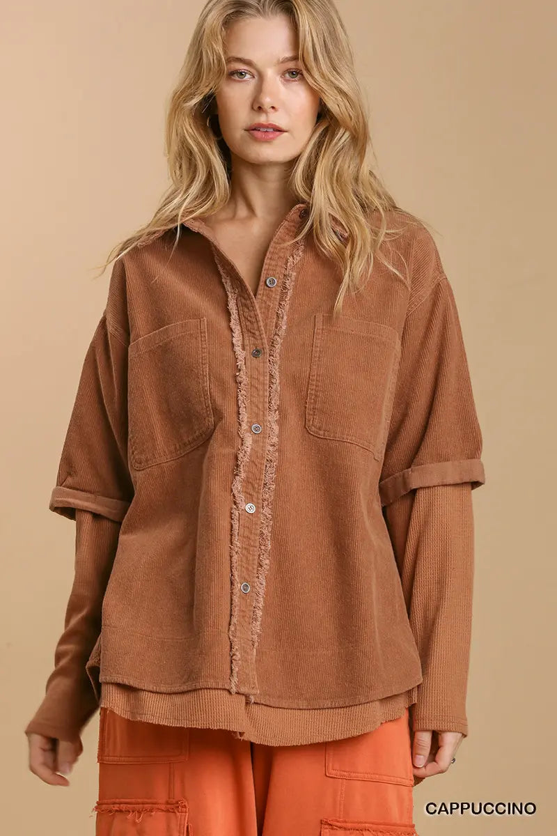 Corduroy Collar Button Down Jacket with Unfinished Hem- Cappuccino