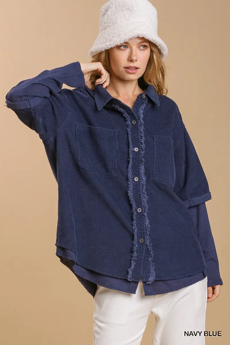 Corduroy Collar Button Down Jacket with Unfinished Hem- navy