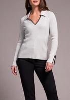 Long Sleeve Polo Sweater with Blanket Stitch-grey