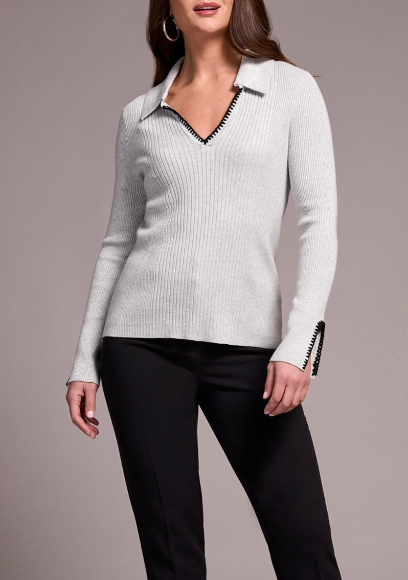 Long Sleeve Polo Sweater with Blanket Stitch-grey