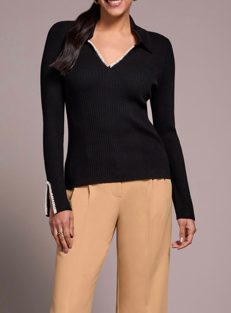 Long Sleeve Polo Sweater with Blanket Stitch- black