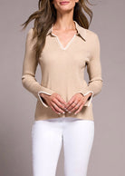 Long Sleeve Polo Sweater with Blanket Stitch- latte