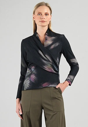 Brush Print Draped V-Neck Ruched Sweater