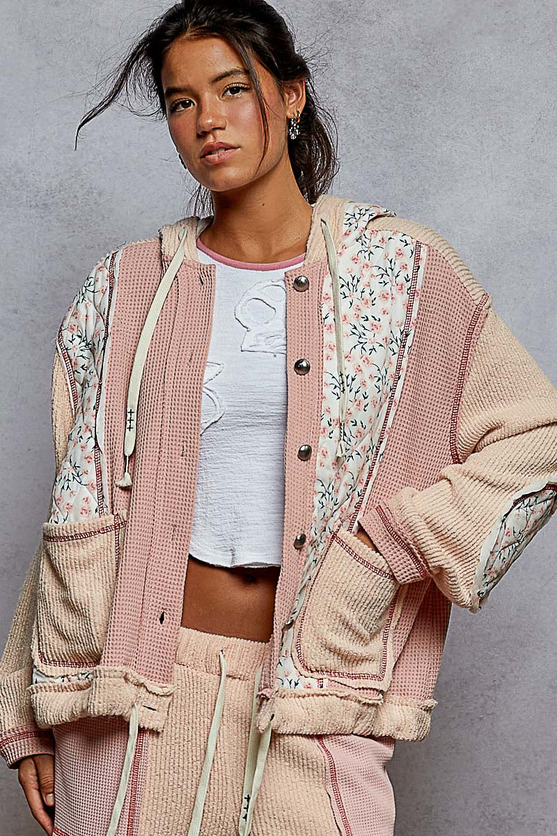 Floral Pattern Mixed Fabrication Jacket with Hood