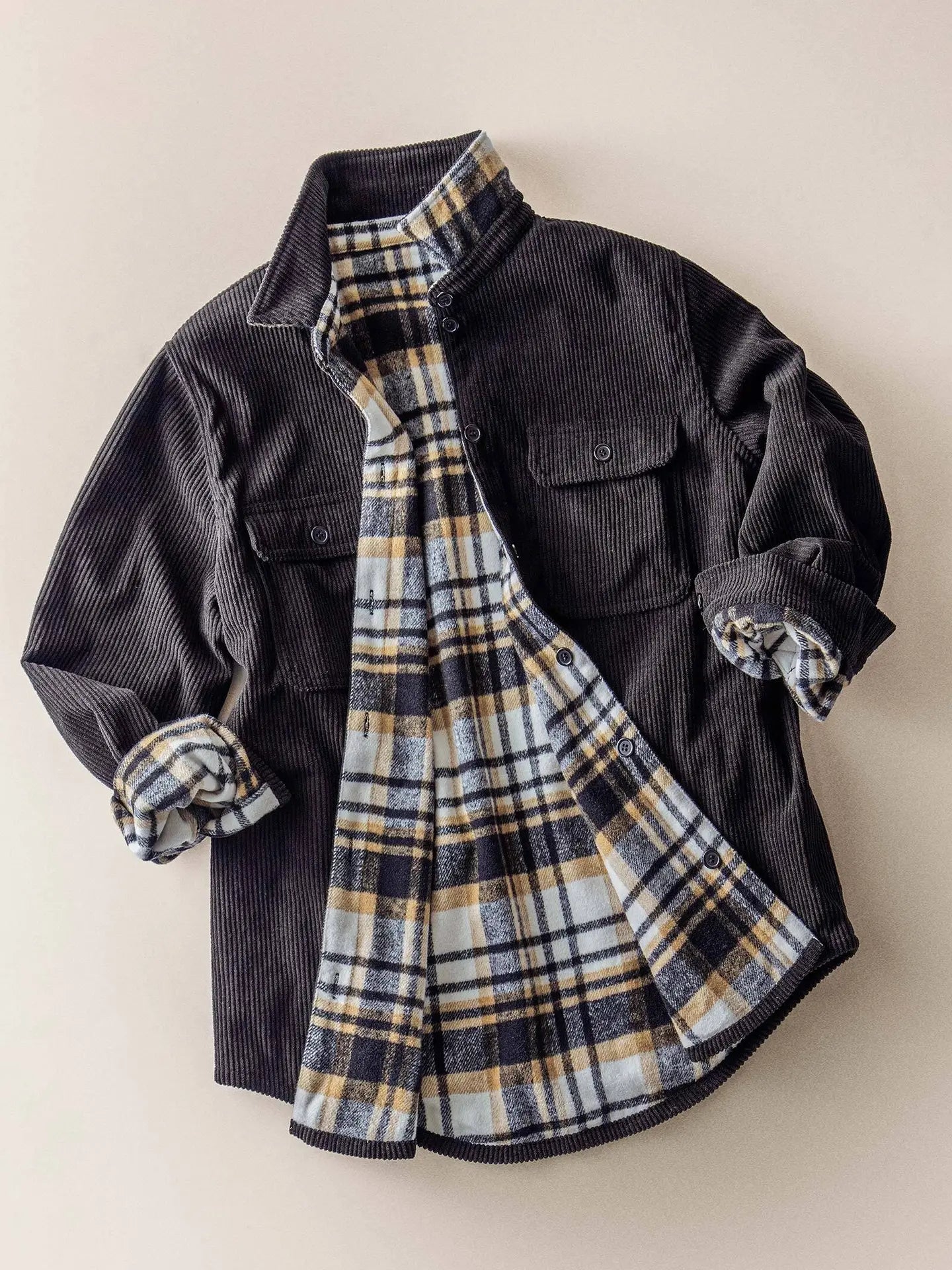Plaid Flannel-Lined Corduroy Shacket- black