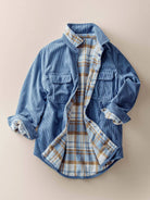 Plaid Flannel-Lined Corduroy Shacket- blue stone