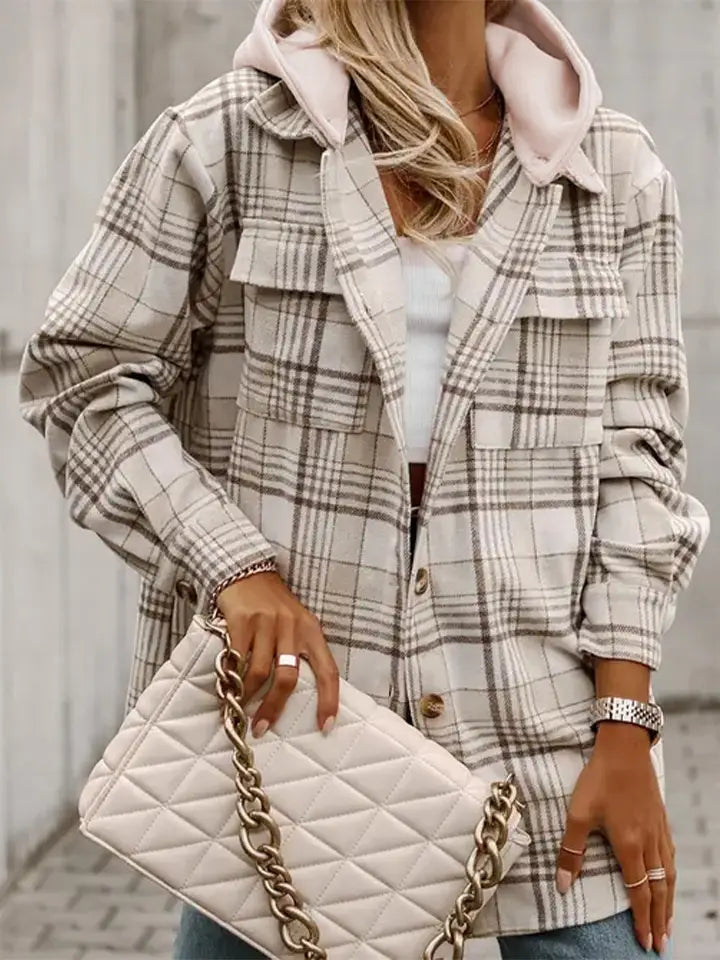 Khaki Plaid Buttoned Shacket with Removable Hood