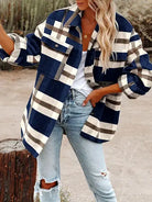 Plaid Button Flannel Shirt Jacket- navy